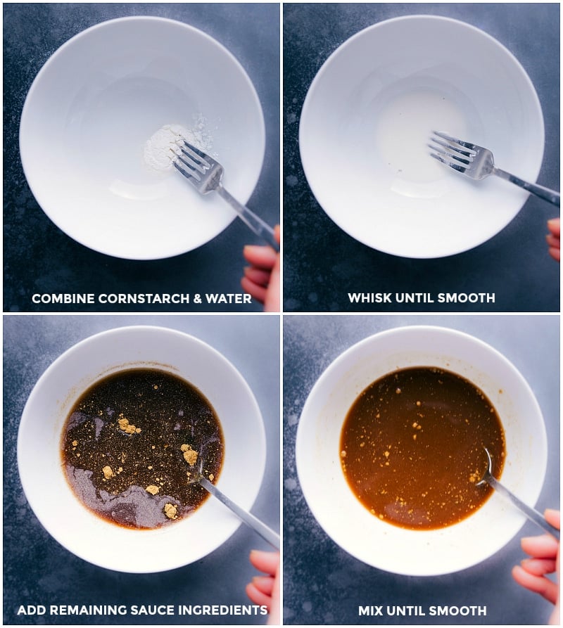 These Asian Ground Turkey bowls are ridiculously flavorful and loaded with texture without loads of sugar! These nutritious bowls are packed with "hidden" veggies and fresh herbs. Recipe via ChelseasMessyApron.com #turkeybowl #asian #groundturkey #ricebowl #healthy Process shots of making Asian Ground Turkey: create the sauce by combining cornstarch and other ingredients.