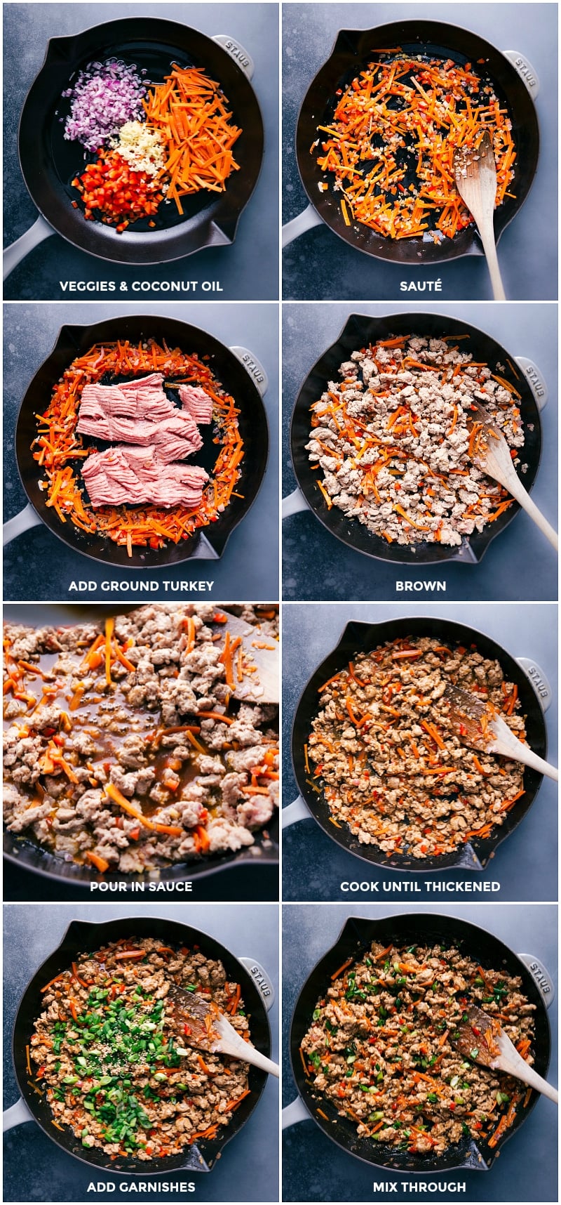 These Asian Ground Turkey bowls are ridiculously flavorful and loaded with texture without loads of sugar! They're kid friendly and ready in 30 minutes or less! Recipe via ChelseasMessyApron.com #turkeybowl #asian #groundturkey #ricebowl #healthy Process shots for making Asian Ground Turkey: cooking the veggies and turkey.