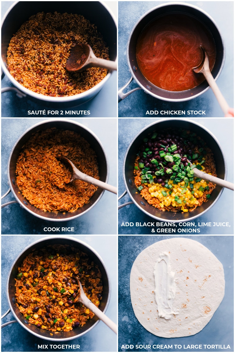These Bean and Cheese Burritos are an explosion of flavor! They've got creamy & seasoned pinto beans, Mexican-spiced rice, crisp corn, and savory black beans. We add creaminess and plenty of cheesiness by adding in sour cream and two types of cheese! Recipe via chelseasmessyapron #dinner #best #quick #easy #simple #vegetarian #avocado #tomato #salsa #bean #cheese #burritos Process shots-- images of the rice being cooked and the sour cream being added to the tortilla