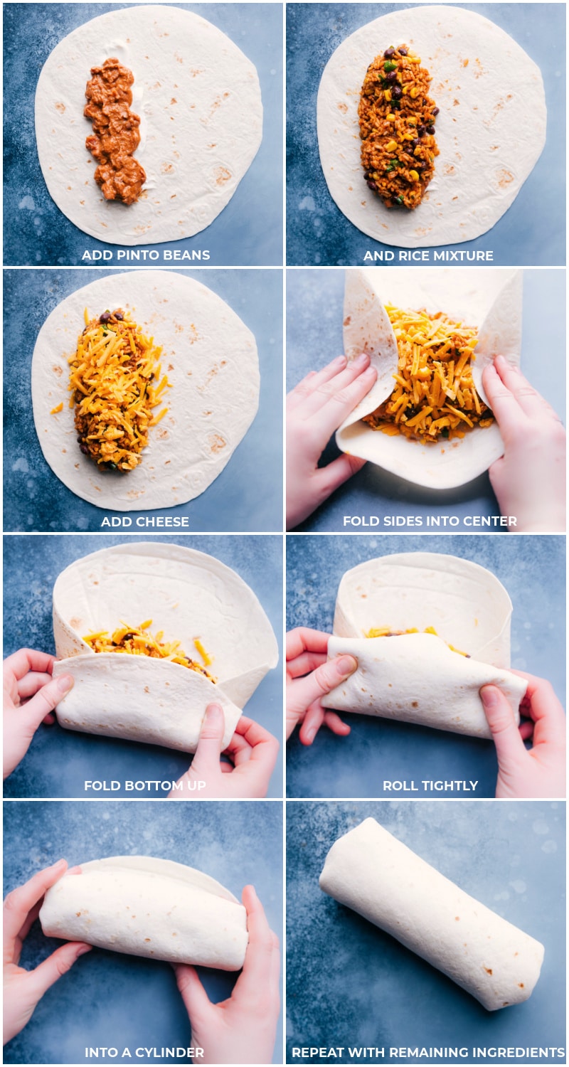 These delicious Bean and Cheese Burritos are an explosion of flavor! They've got creamy & seasoned pinto beans, Mexican-spiced rice, crisp corn, and savory black beans. We add creaminess and plenty of cheesiness by adding in sour cream and two types of cheese! Crisp up these tasty vegetarian burritos in a skillet OR the air fryer! Recipe via chelseasmessyapron #dinner #best #quick #easy #simple #vegetarian #avocado #tomato #salsa #bean #cheese #burritos Process shots--images of the beans, rice, and cheese being added to the tortilla and being folded up