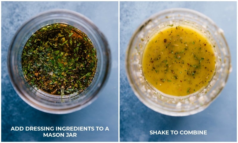 This Garbanzo Bean Salad is loaded with veggies, dressed in an Italian-inspired vinaigrette! Recipe via chelseasmessyapron #protein #chickpeas #blackbeans #corn #avocado #redpepper #onion #cucumber #whole #healthy #whole30 #best #quick #easy #simple #garbanzo #bean #salad Process shots-- images of the dressing being made in a Mason jar and mixed together.