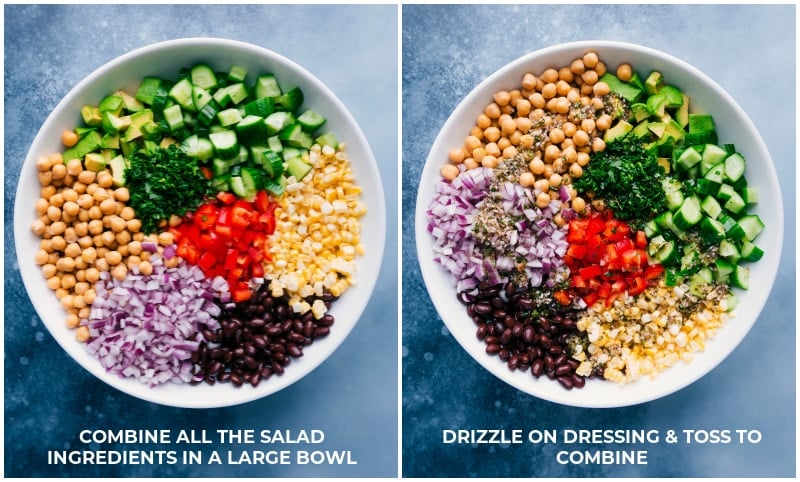 Garbanzo Bean Salad is loaded with veggies, dressed in an Italian-inspired vinaigrette, and finished with some herbaceous parsley! Recipe via chelseasmessyapron #protein #chickpeas #blackbeans #corn #avocado #redpepper #onion #cucumber #whole #healthy #best #quick #easy #simple #garbanzo #bean #salad #vegetarian Ingredient shot-- images of all the ingredients in a bowl and then dressing being poured over it all.