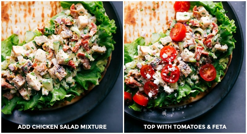 Greek Chicken Wrap features rotisserie chicken, loads of veggies, and a tzatziki-inspired dressing. Warm up some pitas and load them with this delicious Greek chicken mixture! Recipe via ChelseasMessyApron.com #greek #pita #chickenwrap #veggies Greek Chicken Salad on the pita bread, and another one with the pita topped with feta and tomatoes.