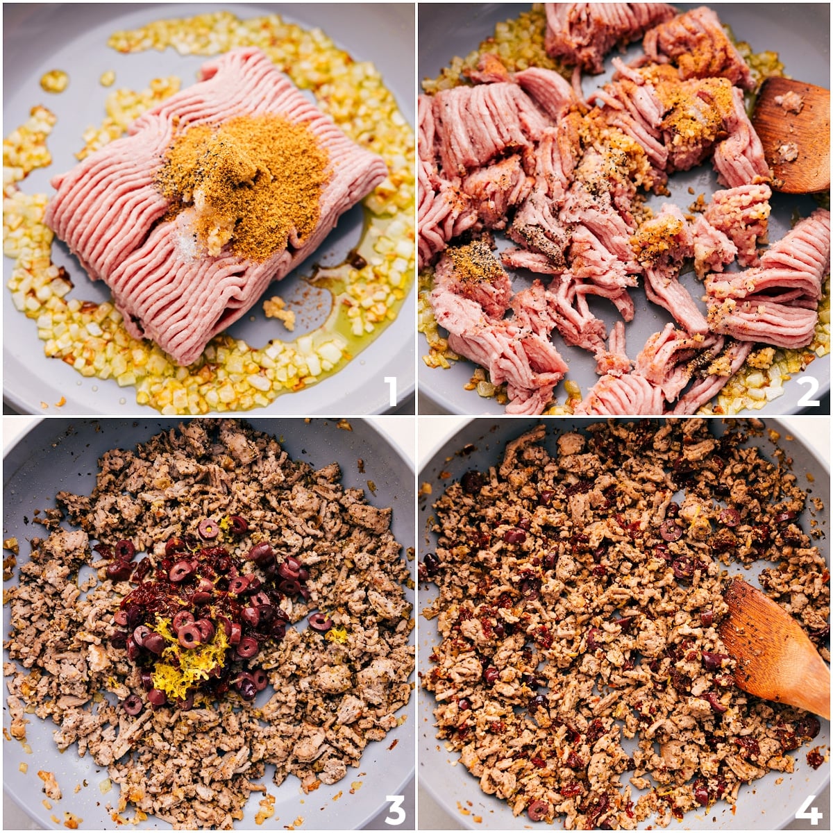 Brown Ground Turkey And Add Flavorings Add the meat to the skillet with onions and garlic, brown everything together, then mix in the seasonings, olives, and additional lemon.