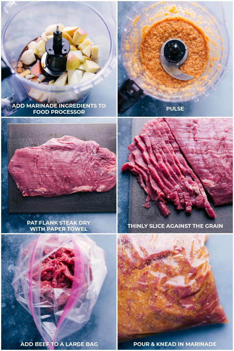 Korean Beef Tacos are a complete explosion of flavor! Recipe via ChelseasMessyApron.com #tacos #Koreanbeef # slaw #charredtortilla Process shots: make marinade in the food processor; pat flank steak dry, slice against the grain; add beef to plastic bag along with the marinade.