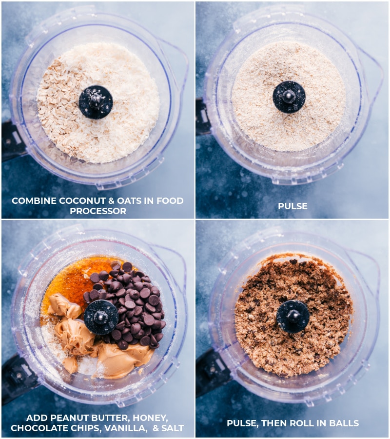 Oatmeal Energy Balls are filled with oats, coconut, and chunks of chocolate. These delicious pop-able bites taste like healthy oatmeal chocolate chip cookies! Recipe via ChelseasMessyApron.com #oatmeal #energyballs #healthy #peanutbutter #honey #coconut Process shots: Combine coconut and oats in food processor; pulse to create a flour; add remaining ingredients; pulse and the roll into balls.