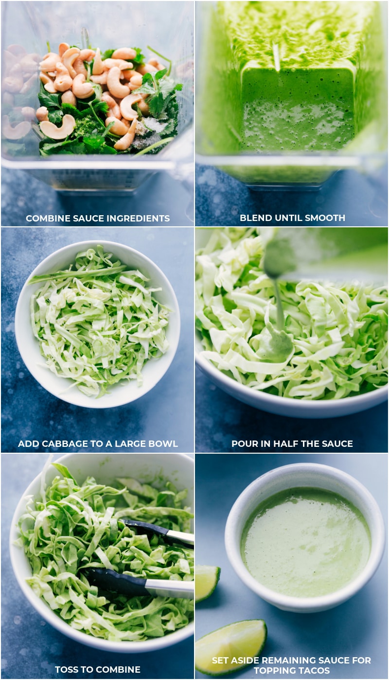 These delicious Pinto Bean Tacos are light, healthy, fresh, and crunchy! They start with saucy pinto beans and are loaded with a cilantro lime slaw, crisp fresh corn, and quick pickled red onions. We're totally hooked on these nutritious and filling tacos! Recipe via ChelseasMessyApron #dinner #quick #easy #simple #best #onions #cabbage #avocados #limes #pintobean #tacos Process shots-- images of the cilantro-cashew sauce that goes on these Pinto Bean Tacos.