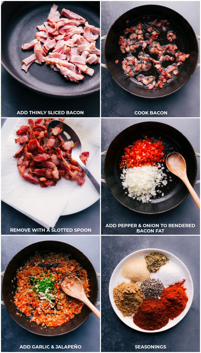 You won't believe how simple these from-scratch Pinto Beans are -- no soaking required! Recipe via ChelseasMessyApron.com #pintos #pintobeans #instantpot #crockpot #slowcooker #nosoak #easy Process shot: cook bacon; remove with slotted spoon; add peppers and onion to bacon fat; add garlic and jalapeño; measure out the seasonings.