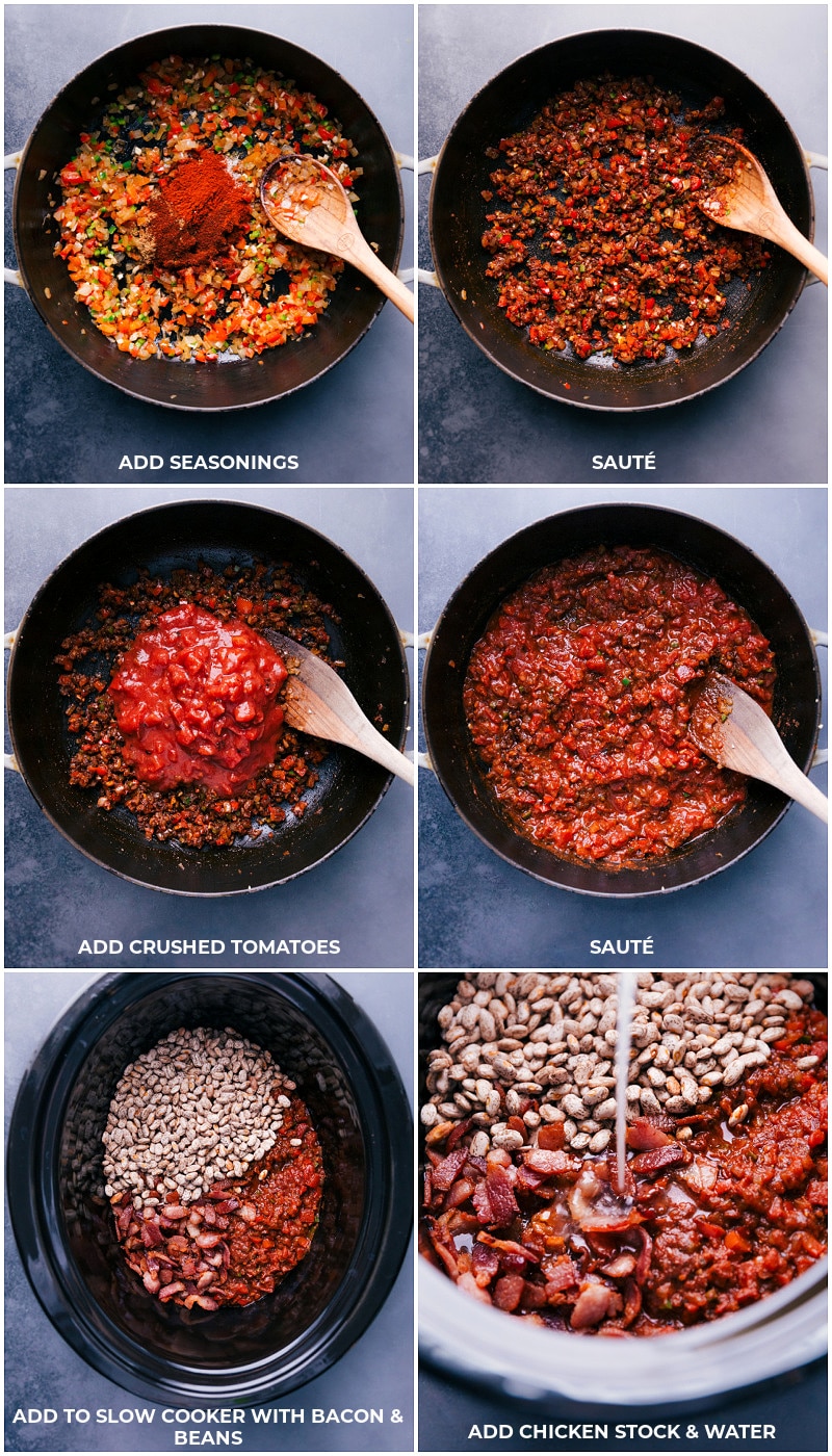 You won't believe how simple these from-scratch Pinto Beans are -- no soaking required! These beans are deeply savory with a smoky flavor and have the best creamy texture! Recipe via ChelseasMessyApron.com #pintos #pintobeans #instantpot #crockpot #slowcooker #nosoak #easy Process shot: add seasonings; sauté; add tomatoes; sauté again; pour into slow cooker with the bacon and beans; add chicken stock and water.