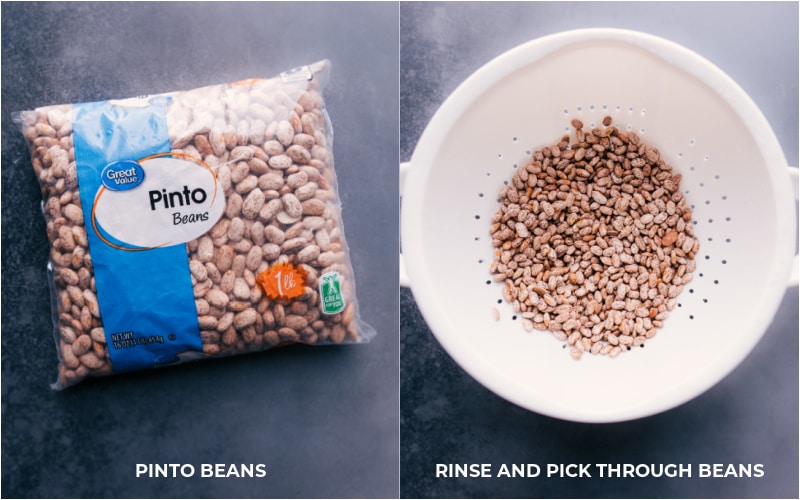 These Pinto Beans are no soaking required! These beans are deeply savory with a smoky flavor and have the best creamy texture! Recipe via ChelseasMessyApron.com #pintos #pintobeans #instantpot #crockpot #slowcooker #nosoak #easy Two views of the dried pinto beans used in this recipe.