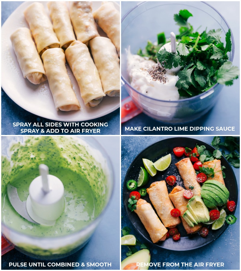 The best ever Southwest Egg Rolls are healthier than most egg rolls because we make them in an air fryer! No air fryer? No worries, I'll share some other ideas to still get all the goodness these egg rolls provide. Recipe via ChelseasMessyApron.com #eggrolls #southwest #airfryer #veggies #chicken #nofrying #blackbeans Process shots: spray all sides of the eggroll with cooking spray; make cilantro-lime dipping sauce; remove egg rolls from the air fryer and serve.