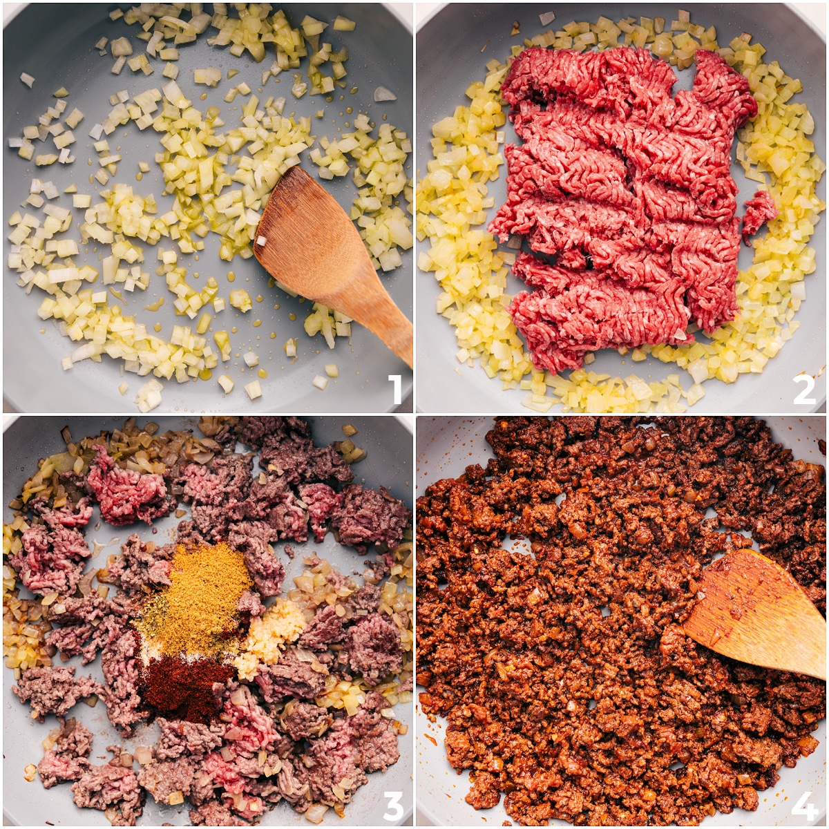 Brown Beef For Taco Stuffed Sweet Potatoes The onions are sautéed, followed by browning the ground beef and mixing in the seasonings.