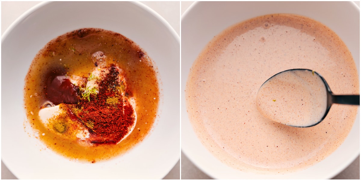 The Best Taco Stuffed Sweet Potatoes Topped With A Creamy Sriracha Mayo Sauce The sauce is whisked together in a bowl, ready to top the taco-stuffed sweet potatoes.