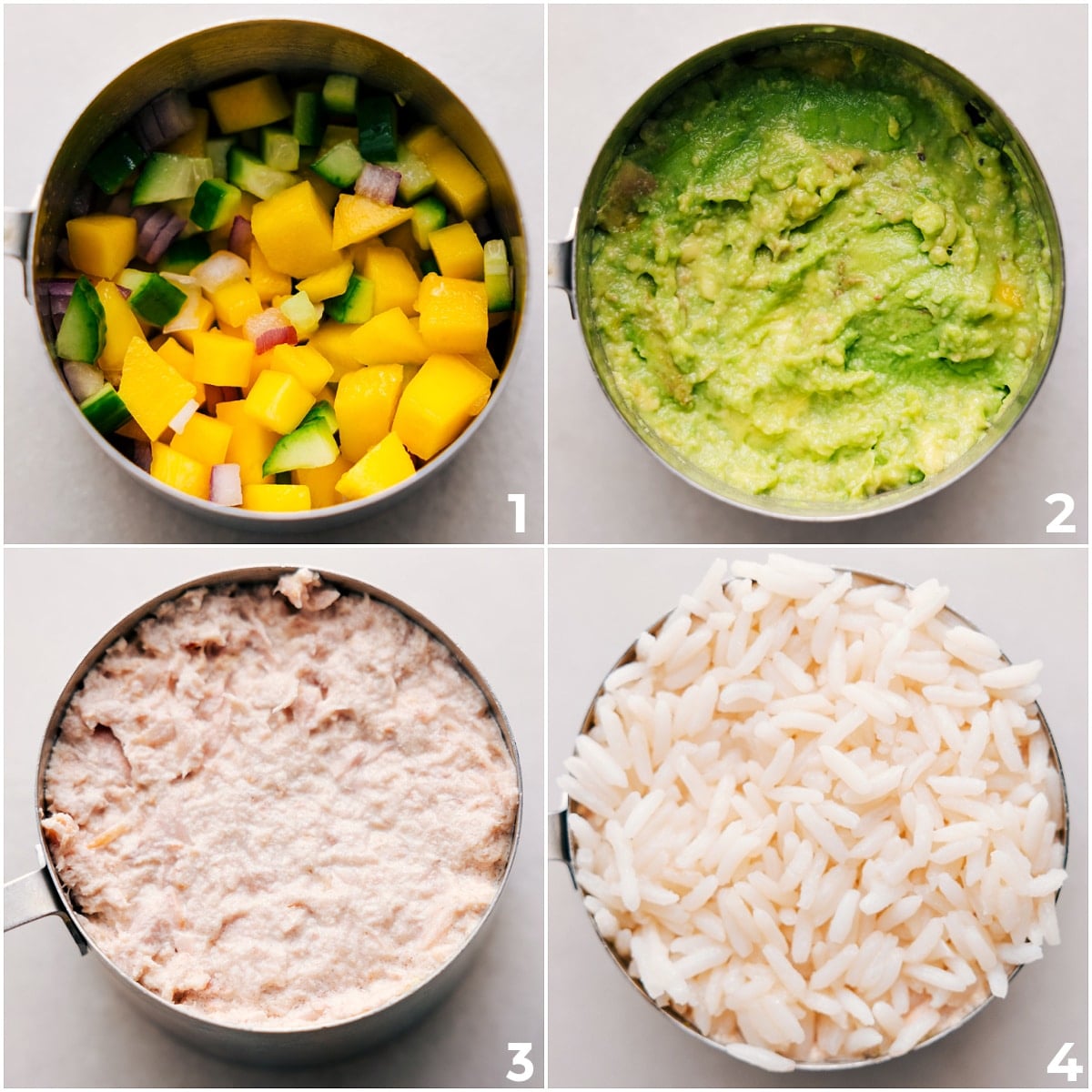 How To Make Tuna Stacks Assembling the recipe by layering the mango mix, avocado, meat, and rice in a 1-cup measuring cup.
