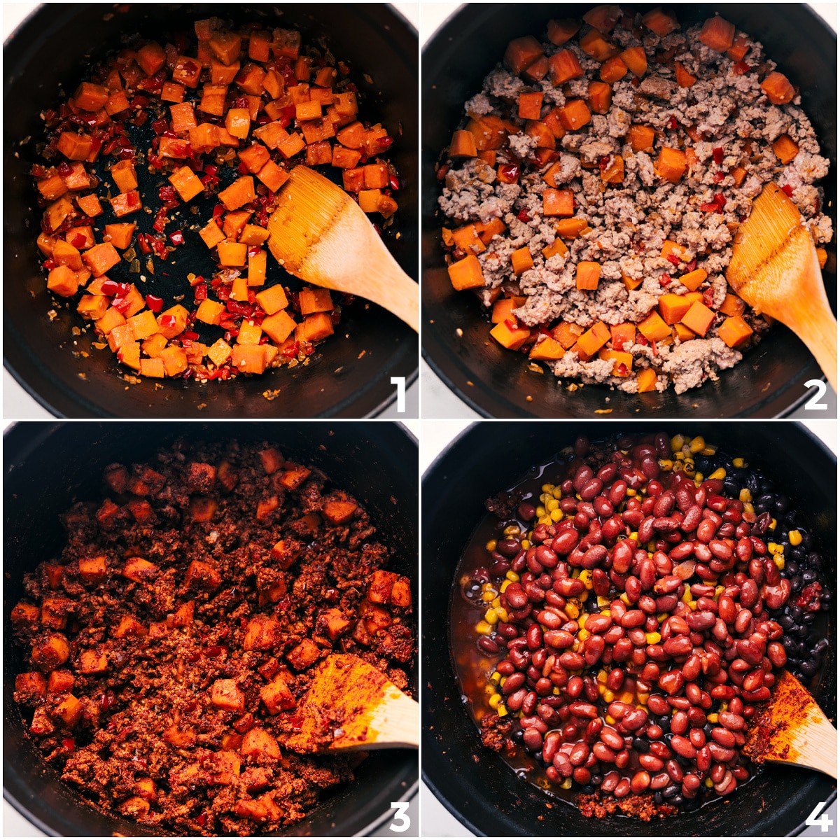 How To Make Turkey Chili Recipe Veggies sautรฉing in the pot, followed by ground turkey being added, cooked, and seasoned, then beans and corn stirred in to make this Turkey Chili Recipe.