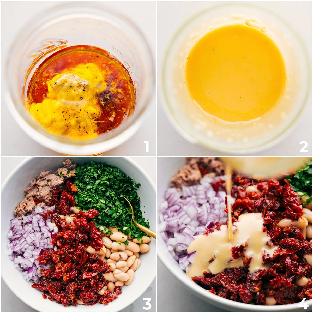 How To Make White Bean Tuna Salad The dressing being mixed together and then drizzled over the white bean tuna salad.