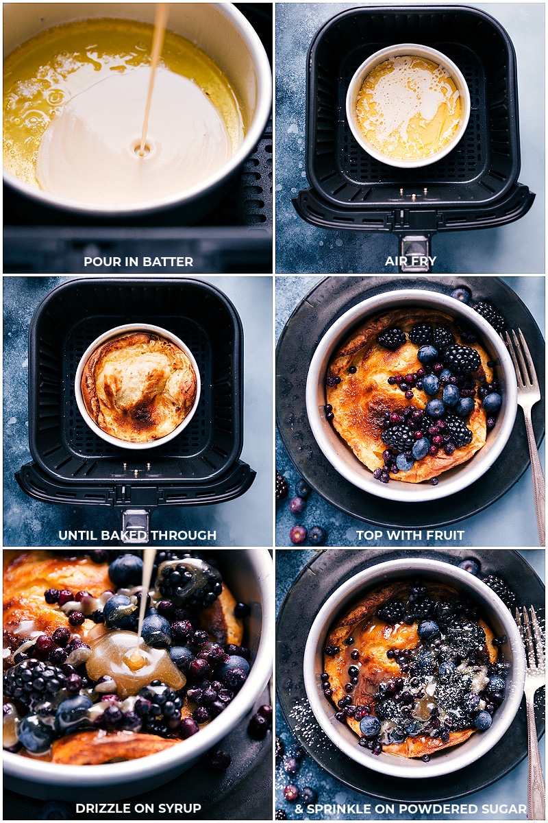 This Air Fryer Dutch Baby starts with an easy blender batter (throw everything into a blender and let it rip!) that you pour into a cake pan and "bake " in the air fryer. Top your Dutch Baby with your favorites -- we love fresh berries and a quick vanilla sauce. Recipe via chelseasmessyapron #breakfast #quick #easy #simple #delicious #best #berries #airfryer #dutchbaby Process shots of cooking the Air Fryer Dutch Baby.