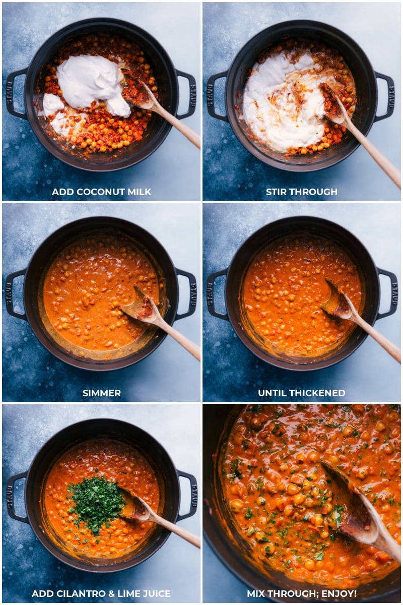 This flavor-packed Chickpea Curry is loaded with aromatic spiced veggies. This plant-based curry is an easy weeknight meal that is naturally gluten-free and vegan. Recipe via ChelseasMessyApron.com #chickpeas #curry #garbanzo #coconut #raita #vegan #vegetarian #naan Add coconut milk to the pan; stir and simmer until thickened; add cilantro and lime; mix well and serve.