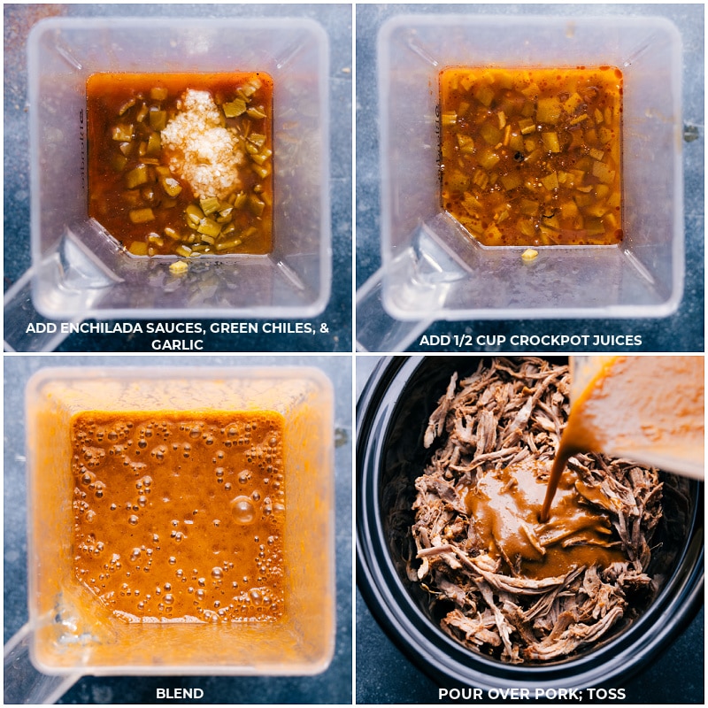 Cafe Rio Sweet Pork Recipe! Recipe via ChelseasMessyApron #dinner #quick #easy #simple #copcatrecipe #familyfriendly #kidfriendly #caferio #sweetpork #recipe Enchilada sauces, green chiles, and garlic being added to the blender and being blended with the previous mixture and it all being poured over the Cafe Rio Sweet Pork Recipe.