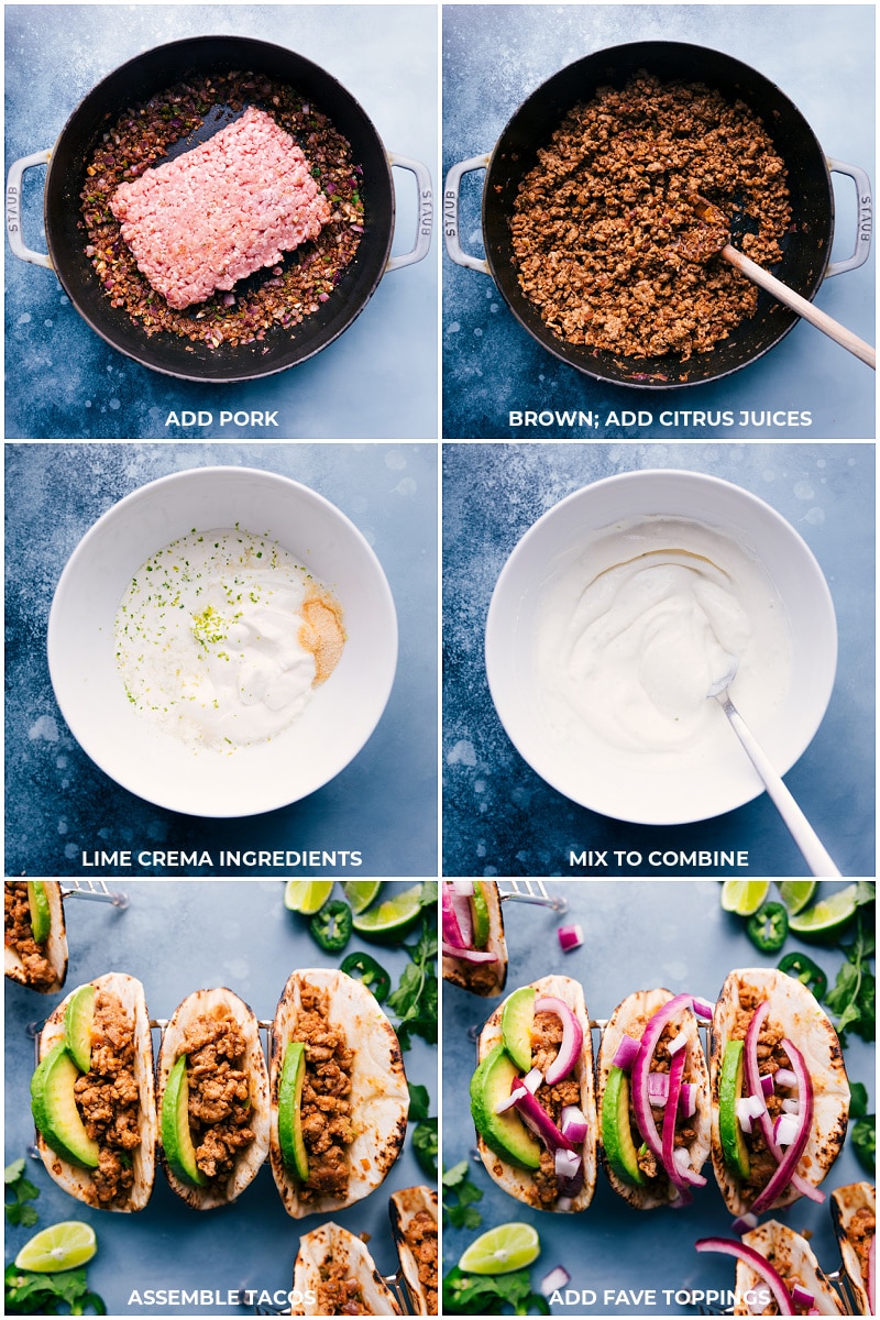 These delicious Ground Pork Tacos start with warmed tortillas filled with a carnita-inspired ground pork mixture and are then loaded up with your favorite taco toppings. Add a lime crema on top for the perfect finishing touch! Recipe via chelseasmessyapron #dinner #quick #easy #simple #best #redonion #crema #avocado #limes #groundpork #tacos Process shots of browning the pork, making the lime crema and assembling the tacos.