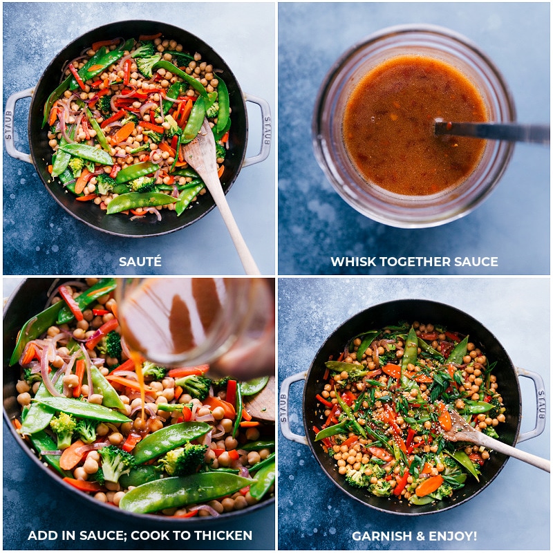 These General Tso Chickpeas make an amazing vegetarian meal with carrots, broccoli, snow peas, a sweet bell pepper, and an array of aromatics. The spicy, tangy sauce that coats these chickpeas and veggies is so quick to whip together and loaded with flavor. Serve these General Tso Chickpeas over rice or cauliflower rice for a low-carb (high-protein) meal. Recipe via chelseasmessyapron #vegan #healthy #clean #veggies #best #quick #easy #simple #broccoli #sesame #generaltso #chickpeas Process shots-- images of the sauce being added; everything being cooked together to thicken.