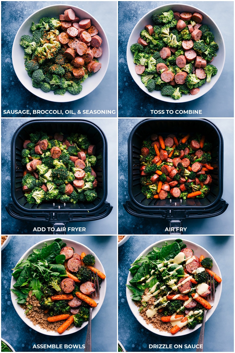 The best ever chicken sausage, carrots, and broccoli are tossed with herbs, and air fried. They're served on a bed of quinoa and mixed greens with a quick honey mustard sauce that coats everything. This meal is nutritious, filling, and can be ready in under 30 minutes! Recipe via ChelseasMessyApron.com #sausage #veggies #airfryer #honeymustard #quinoa #speedy Combine sausage, broccoli, oil and seasonings; Add to air fryer and cook; Divide among bowls; drizzle with honey mustard sauce.