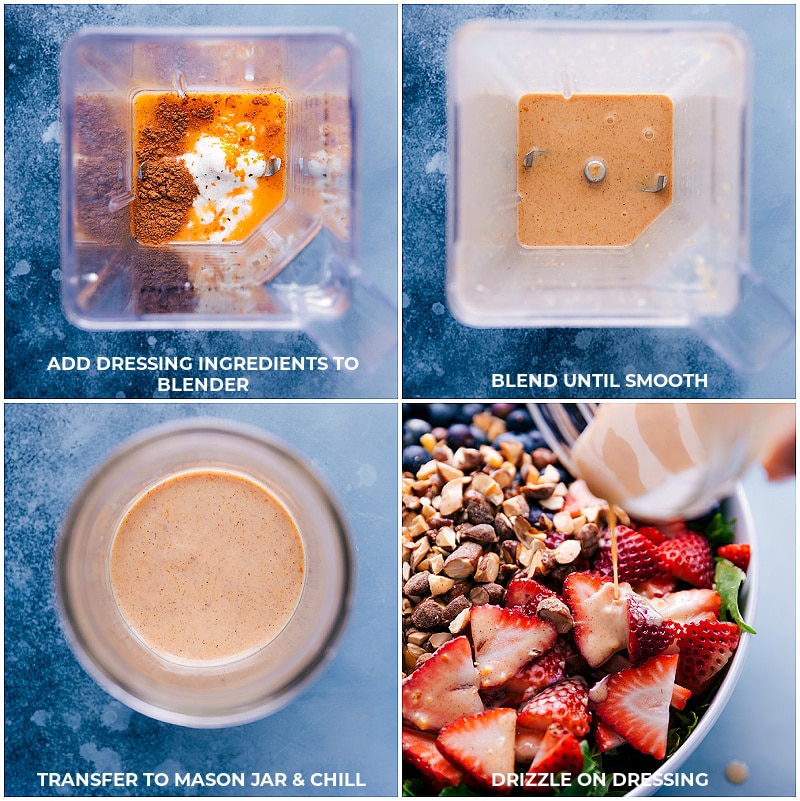 This Mango Salad is loaded with fresh fruit, cinnamon almonds, and dressed with a cinnamon-yogurt dressing. Be prepared for a salad addiction! Recipe via ChelseasMessyApron.com #mangosalad #mango #berries #fruity #salad #cinnamonalmonds #almonds #cinnamon #yogurtdressing Process shots: make dressing by adding all ingredients to a blender; process until smooth; chill; pour over salad.