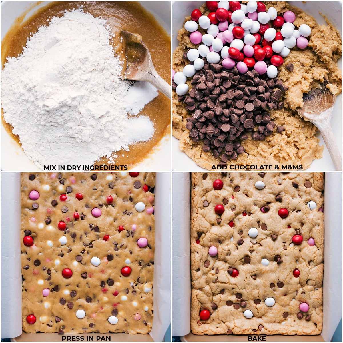 Our Favorite M&M Cookie Bars Valentine M&Ms being added to the cookie bars and it all being baked showing this M&M cookie bar recipe is customizable.
