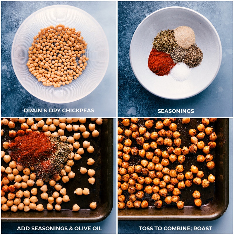 You won’t miss the meat in these Vegetarian Gyros--they're loaded with robustly-seasoned and perfectly roasted chickpeas, a medley of veggies, and our favorite Tzatziki sauce. #dinner #healthy #whole #whole30 #best #quick #easy #simple #greek #vegetarian #gyros Process shots to make Vegetarian Gyros: Drain and dry garbanzos; combine seasonings; mix all on a baking sheet; roast.