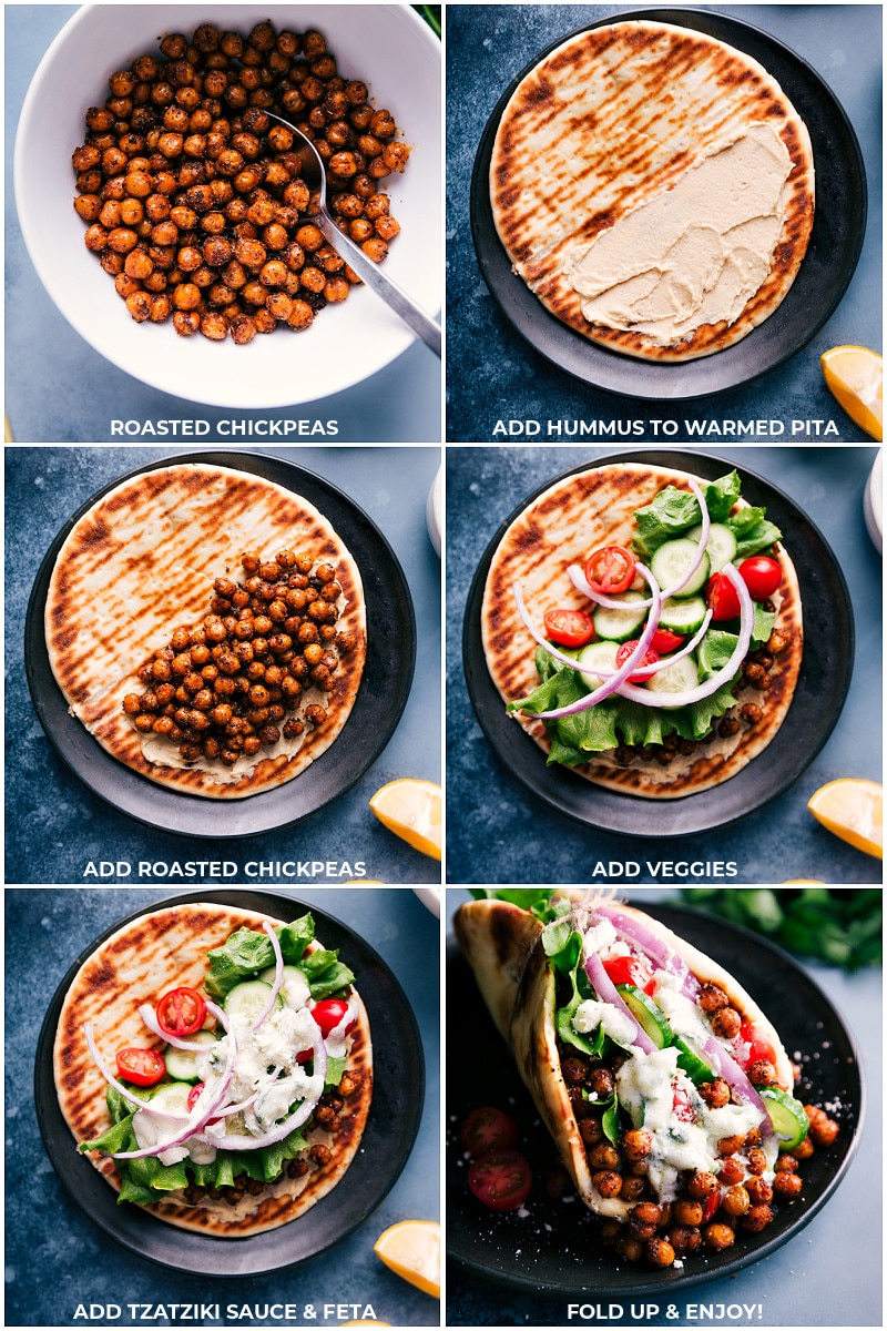 You won’t miss the meat in these Vegetarian Gyros. This easy, weeknight meal can be ready in about 30 minutes or less if you’ve got an air fryer! #dinner #healthy #whole #whole30 #best #quick #easy #simple #greek #vegetarian #gyros Process shots for making Vegetarian Gyros: Add hummus to warmed pita; add roasted chickpeas, veggies and Tzatziki sauce; fold and serve.