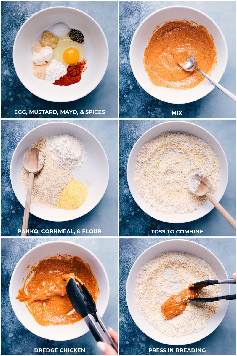 The best air fryer chicken tenders Egg, mustard, mayo, and spices all combined and mixed, then panko, cornmeal, and flour mixed together, then air fryer chicken tenders dredged in the first mixture and then the second mixture.