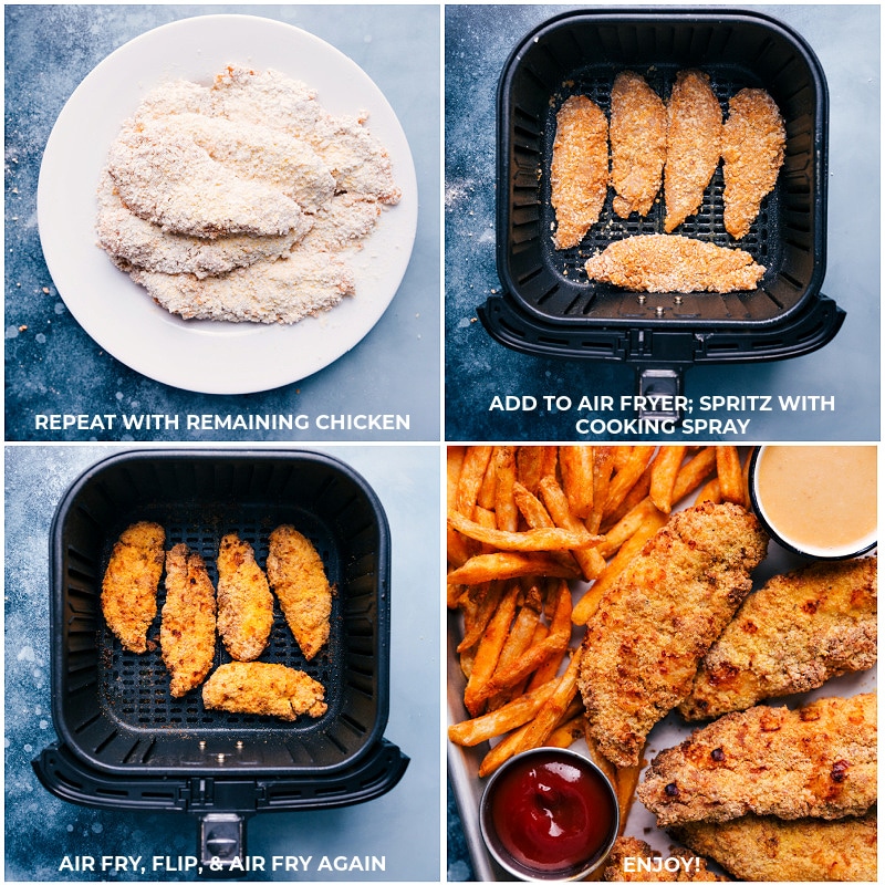 These Air Fryer Chicken Tenders are crunchy, crispy, and robustly seasoned. Recipe via chelseasmessyapron #dinner #quick #easy #healthy #crispy #fries #airfryer #chicken #tenders Process shots: cooking the tenders in the air fryer.