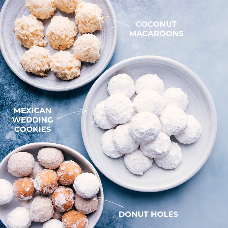 This free Easter Printable adds a fun and festive touch to Easter treats! Recipe via ChelseasMessyApron #treat #snack #forkids #donuts #macaroons #mexicanweddingcookies #hoppycottontails #easter #printables Coconut Macaroons, Donut Holes and Mexican Wedding Cookies on plates that goes into these easter printable