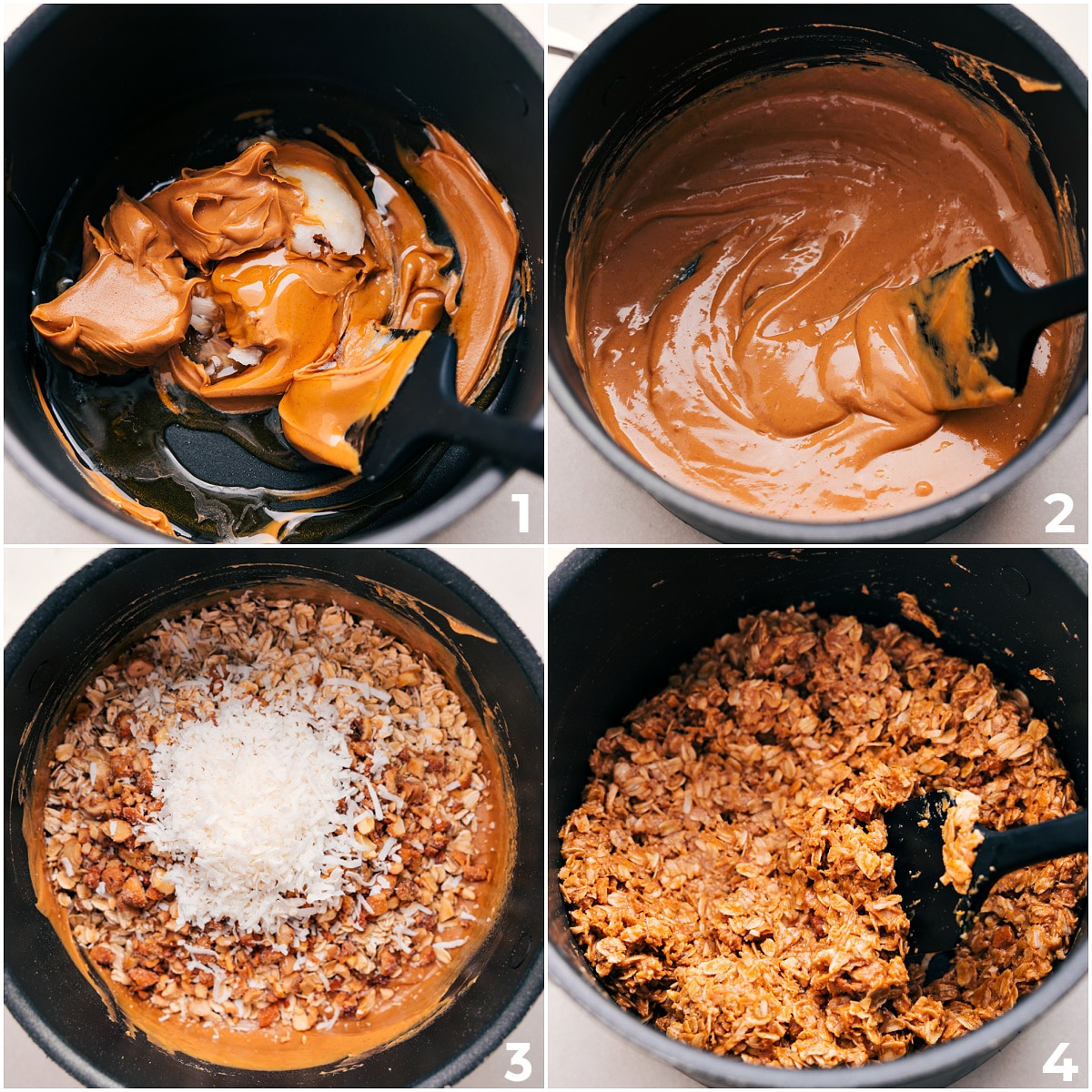 How To Make Chewy Granola Bars Cashews, peanut butter, oats, and coconut are mixed together in a pot for these chewy granola bars.