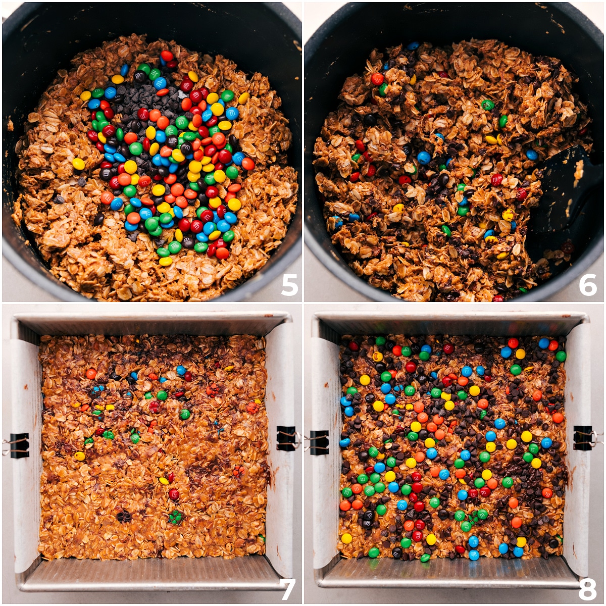 The Best Snack: Chewy Granola Bars Mix the M&Ms and chocolate chips into the pot, then press everything into a pan.