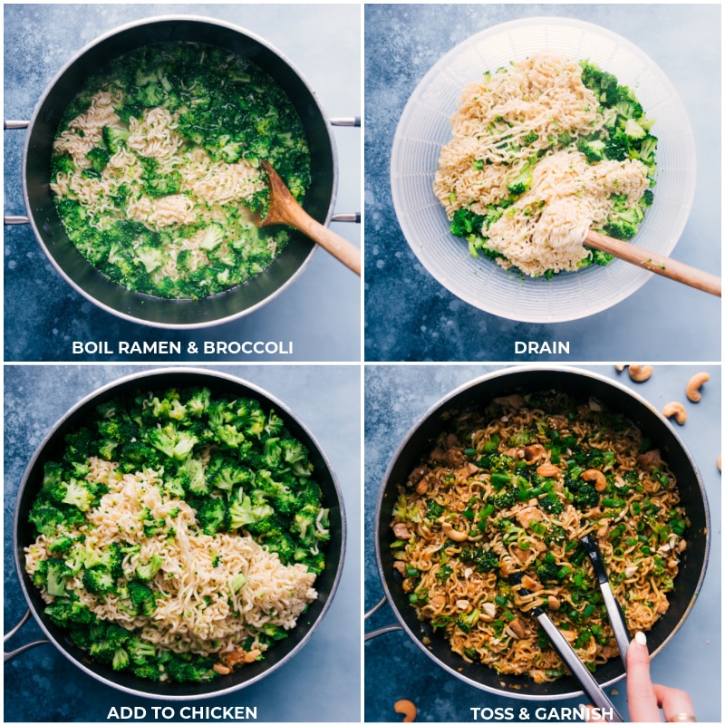 Chicken Ramen Noodles!Recipe via chelseasmessyapron #dinner #quick #easy #simple #cheap #dinner #broccoli #chicken #ramen #noodles Process shots: adding broccoli and ramen to the dish.