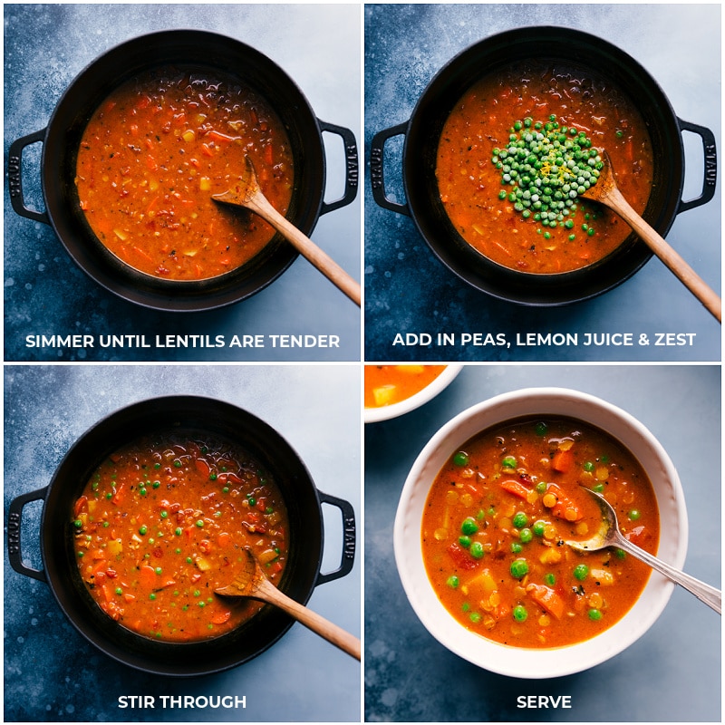 Make this hearty, warming Curry Lentil Soup with this easy recipe. Curry Lentil Soup! Recipe via ChelseasMessyApron #healthy #quick #easy #simple #protein #whole #whole30 #vegan #vegetarian #dinner #peas #curry #lentil #soup Process shots for the final steps in making Curry Lentil Soup.