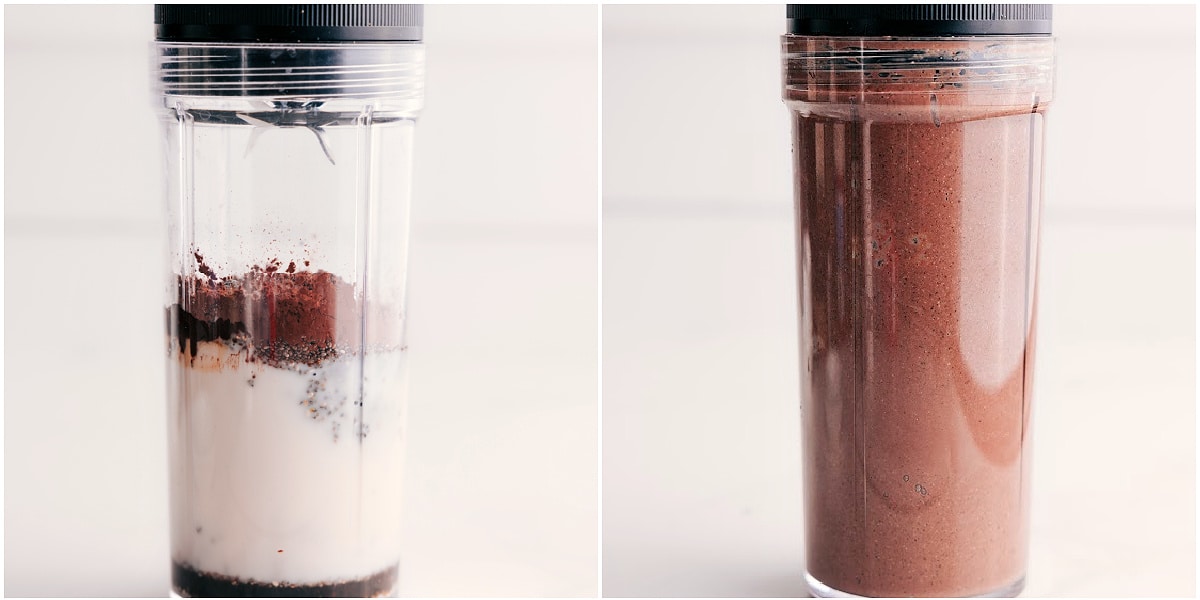 How To Make This Chocolate Chia Seed Pudding All the ingredients for this chocolate chia seed pudding added to a blender and blended up.