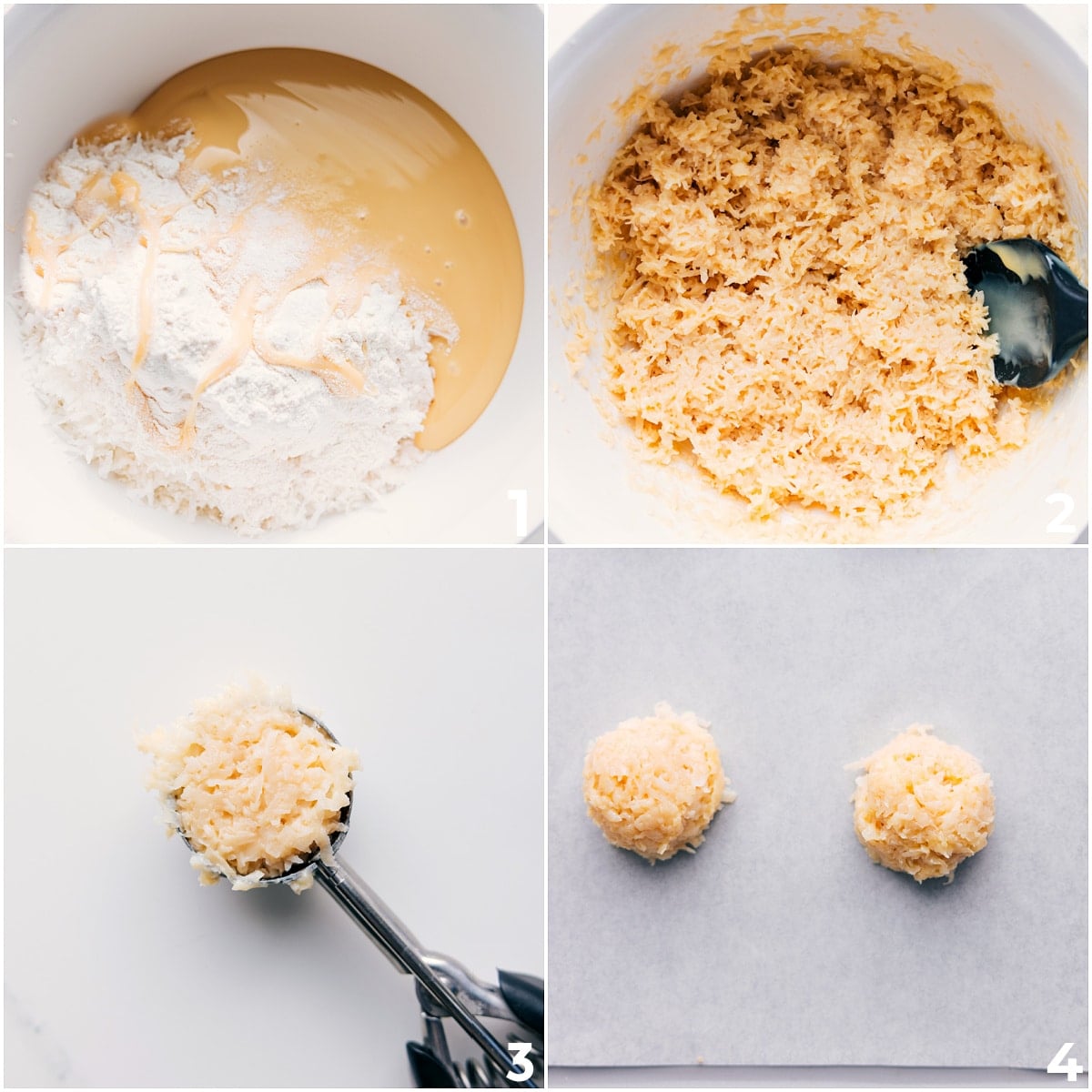 Flour, coconut, oil, sweetened condensed milk, salt, and vanilla mixed together in a bowl, then scooped onto a parchment lined baking pan and baked into delicious coconut macaroons.
