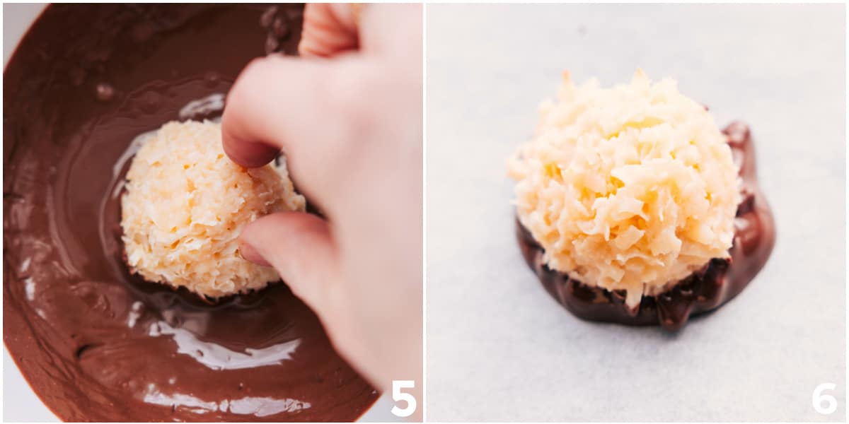 The baked cookies being dipped in chocolate for a yummy variation.