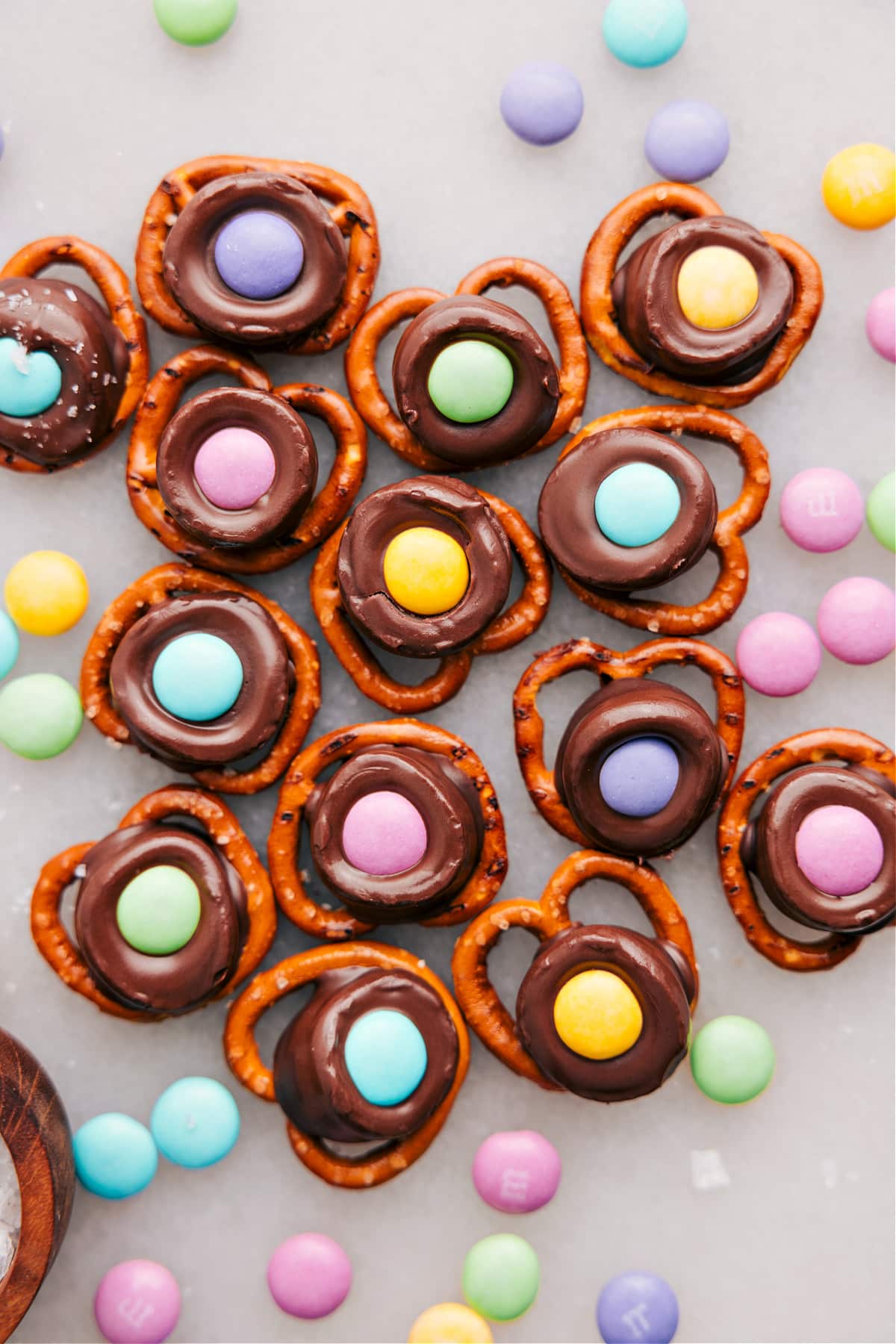3-Ingredient Easter Pretzels Easter Pretzels with spring-colored M&Ms pressed into them.