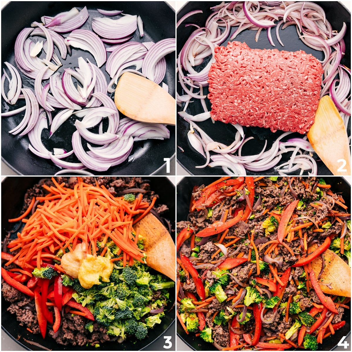 Cooking The Beef And Veggies For The Ground Beef Ramen The onions are sautรฉed, the ground beef is browned, and all the veggies are added to the skillet for this Ground Beef Ramen.
