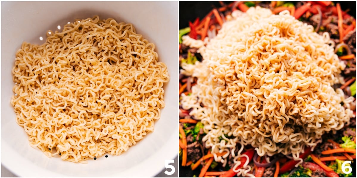 Add Ramen Noodles To Ground Beef Ramen The cooked noodles being added to the mixture.