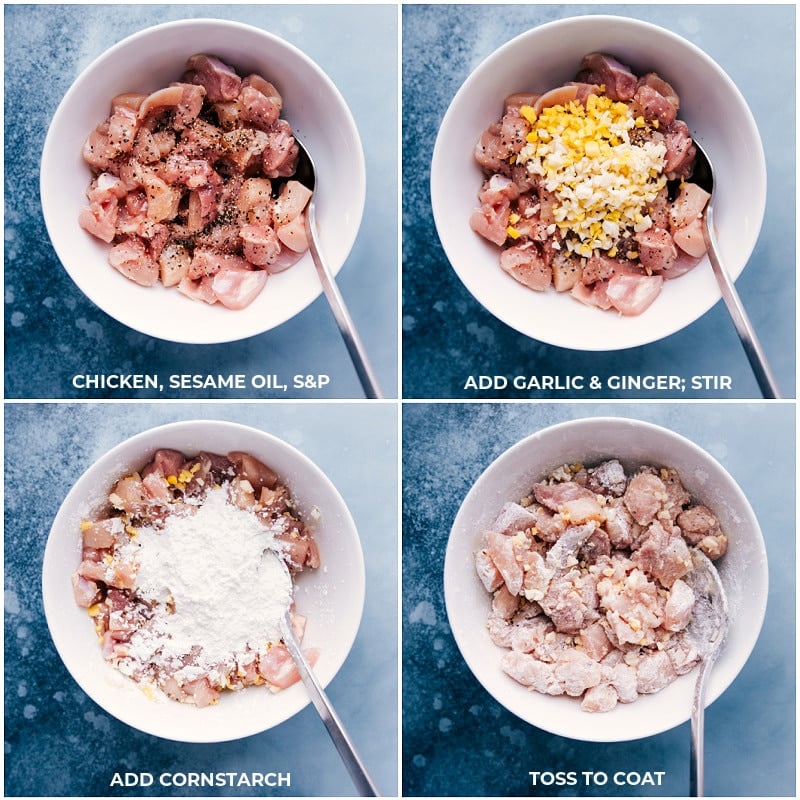 Sweet and spicy General Tso Ramen! Recipe via chelseasmessyapron #dinner #quick #easy #simple #best #kidfriendly #mushrooms #veggies #generaltso #ramen Process shots: prepping the chicken