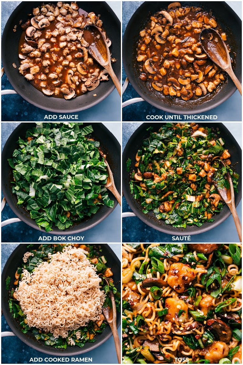 Sweet and spicy General Tso Ramen combines tender chicken, sautรฉed mushrooms, and bok choy with ramen noodles and a flavor-packed fragrant stir-fry sauce. This is going to be your new favorite dinner! Recipe via chelseasmessyapron #dinner #quick #easy #simple #best #kidfriendly #mushrooms #veggies #generaltso #ramen Process shots: adding sauce, bok choy and ramen to finish this recipe
