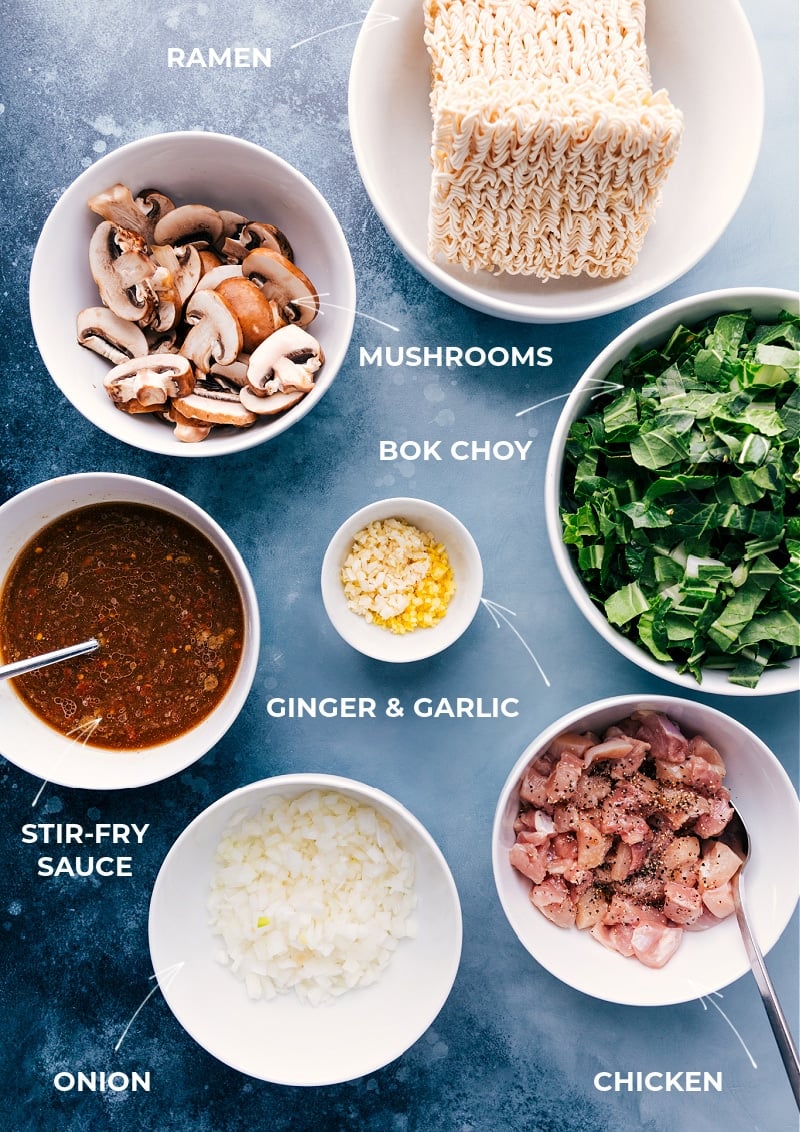 General Tso Ramen combines tender chicken, sautรฉed mushrooms, and bok choy with ramen noodles and a flavor-packed fragrant stir-fry sauce. Recipe via chelseasmessyapron #dinner #quick #easy #simple #best #kidfriendly #mushrooms #veggies #generaltso #ramen Ingredients needed for General Tso Ramen
