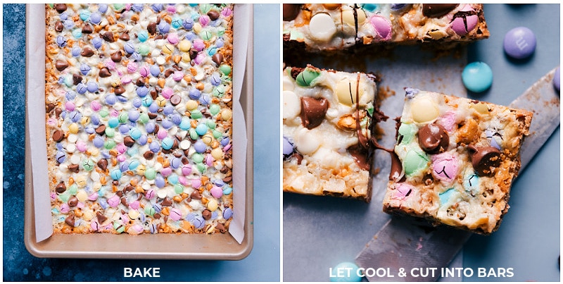 The best ever Magic Bars start with a thick graham cracker crust and are loaded with chocolate chips, M&M's, and oats. Sweetened condensed milk makes the "magic" happen by holding everything together and making these bars ultra gooey, sweet, and tasty! Recipe via chelseasmessyapron #dessert #recipe #best #quick #easy #simple #easter #m&ms #chocolatechips #decadent #magicbars Magic Bars in the pan and cut into squares