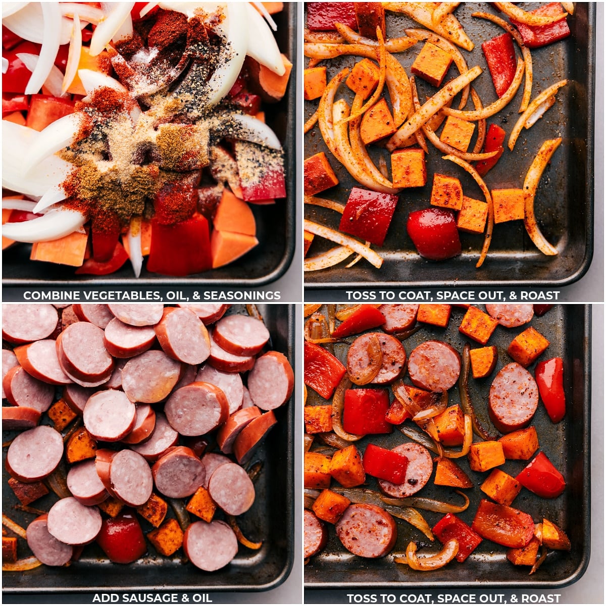 Ready-to-Roast Sweet Potato and Sausage Tray Bake Ingredients for a one-pan Sweet Potato and Sausage dish combined on a baking tray, featuring sliced sausage, cubed sweet potatoes, drizzled with oil, and sprinkled with seasonings, ready to be roasted.