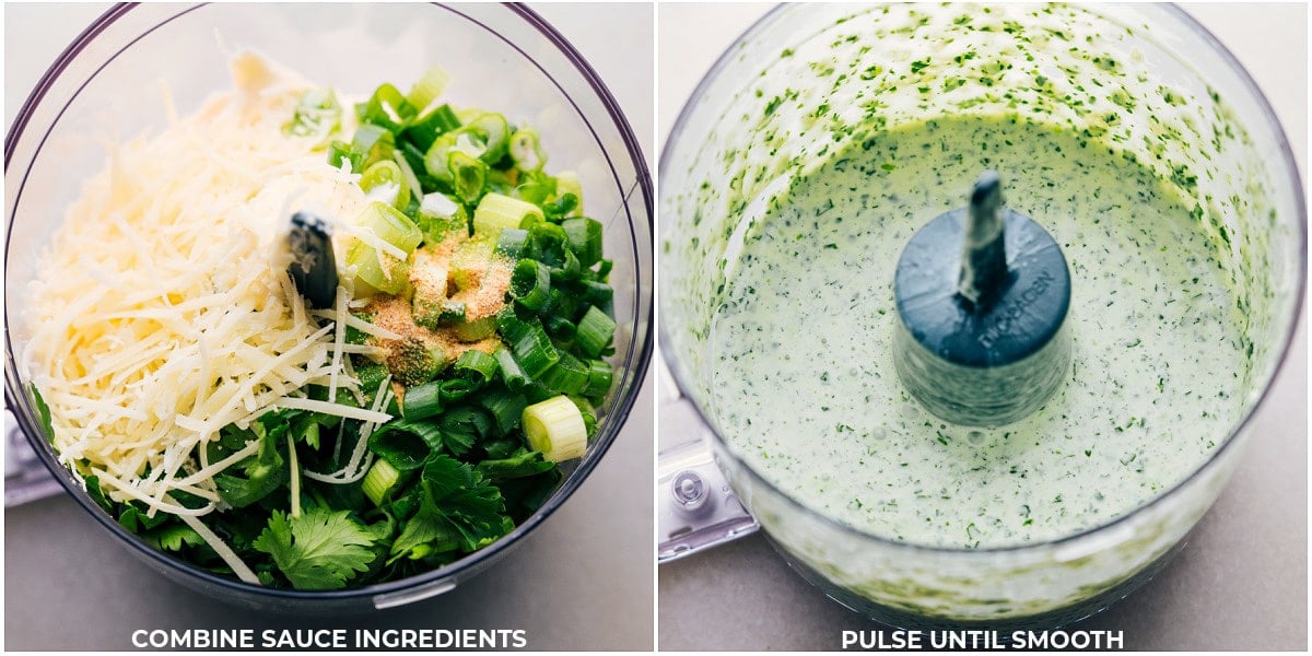 Homemade Sauce Blend in Food Processor A food processor filled with a variety of fresh sauce ingredients for a sauce.