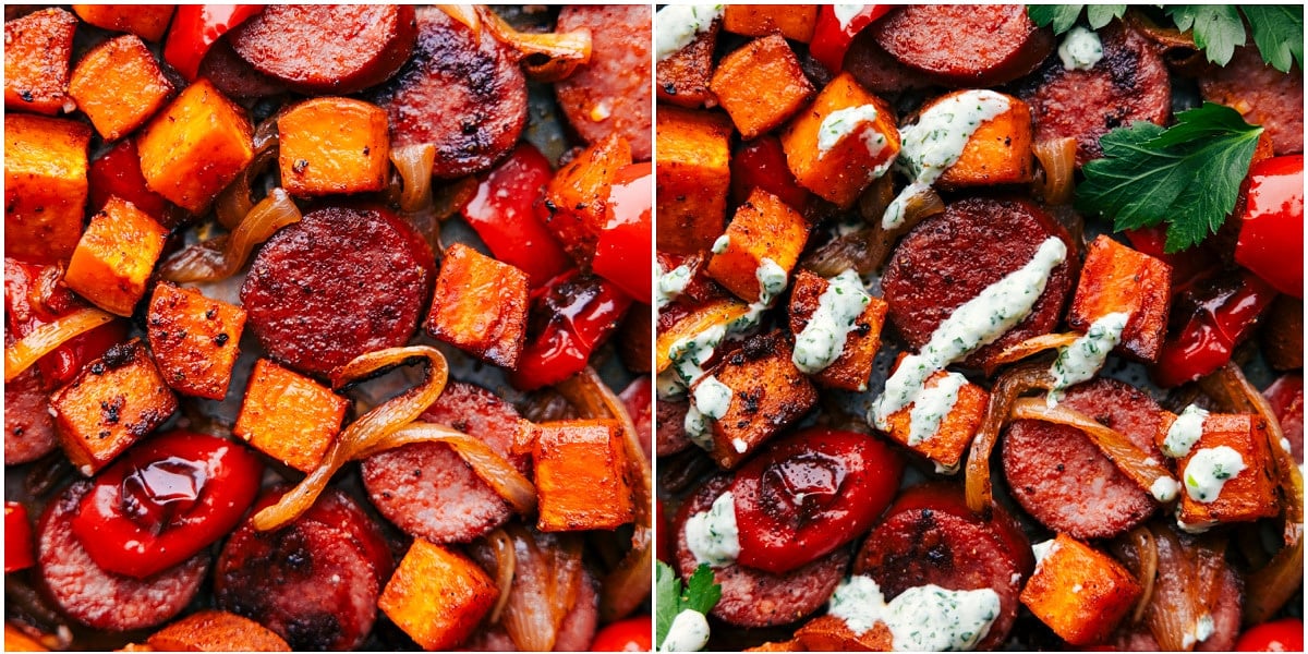 Sweet Potato and Sausage Sheet Pan Feast with Sauce Freshly baked sweet potato and sausage on a sheet pan, with rich, homemade sauce drizzled on top, straight from the oven.